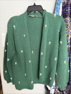 Fanm Mon Green Knit Cardigan with blue Floral Dots